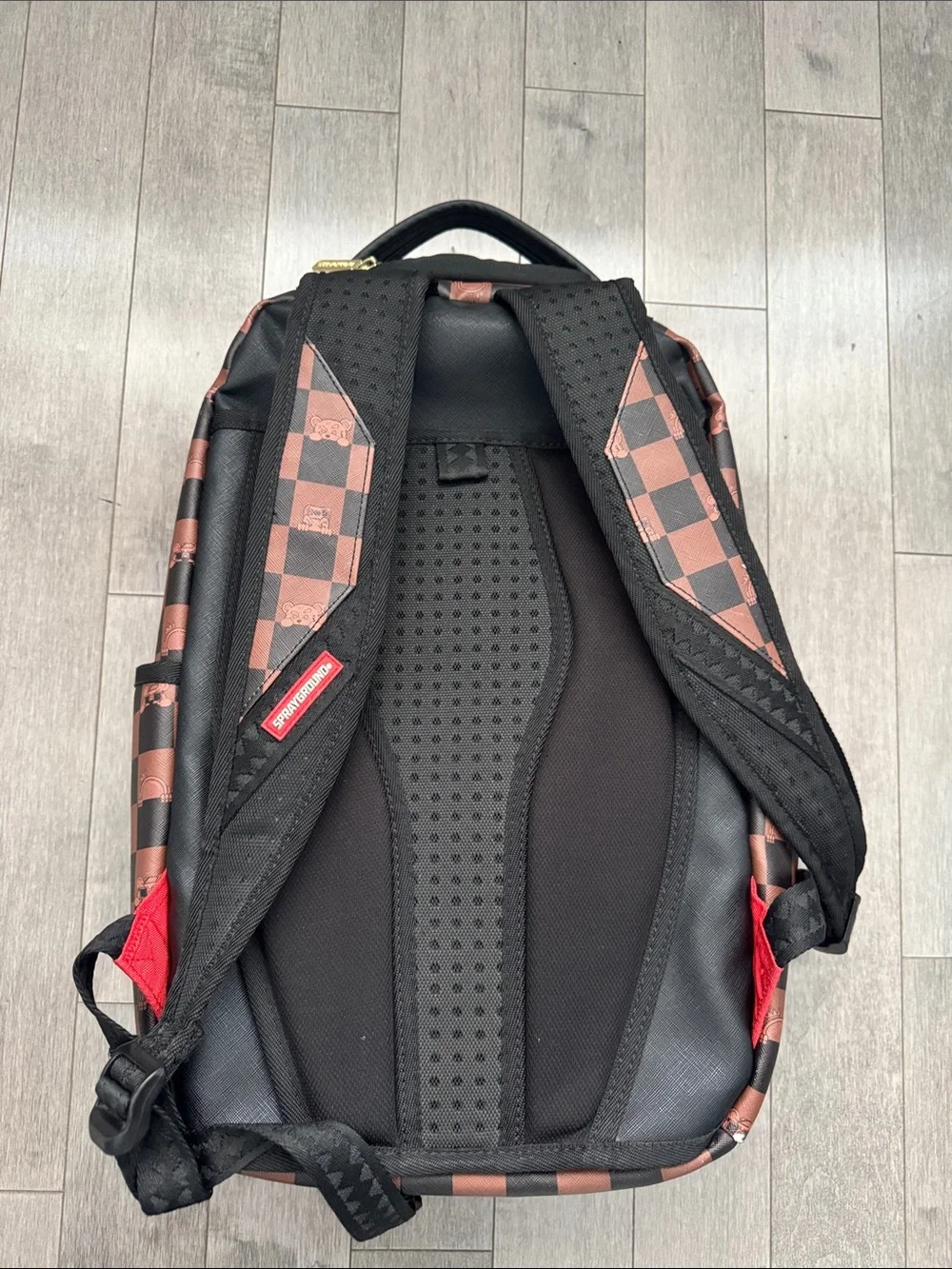 Sprayground Brown Checker Shark-Mouth Backpack with Red & White Accent
